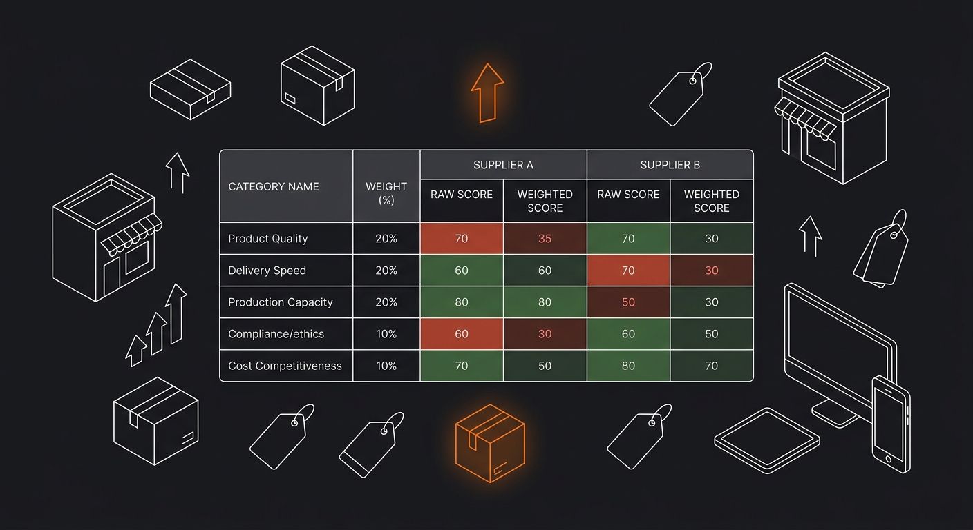 a side-by-side scorecard comparison of two hypothetical suppliers, displayed as a spreadsheet with columns for category name, weight percentage, raw score 1 through 5, and final weighted score, with g