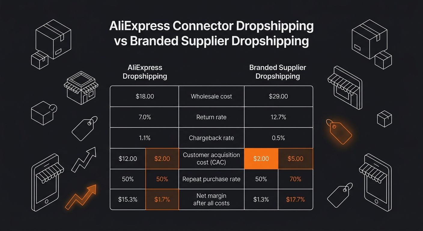 Infographic comparing AliExpress connector dropshipping vs branded supplier dropshipping across six metrics: wholesale cost, return rate, chargeback rate, CAC, repeat purchase rate, and net margin aft