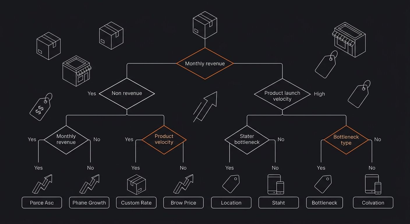 A decision tree diagram showing when to use free vs paid niche research tools based on monthly revenue, product launch velocity, and current bottleneck type