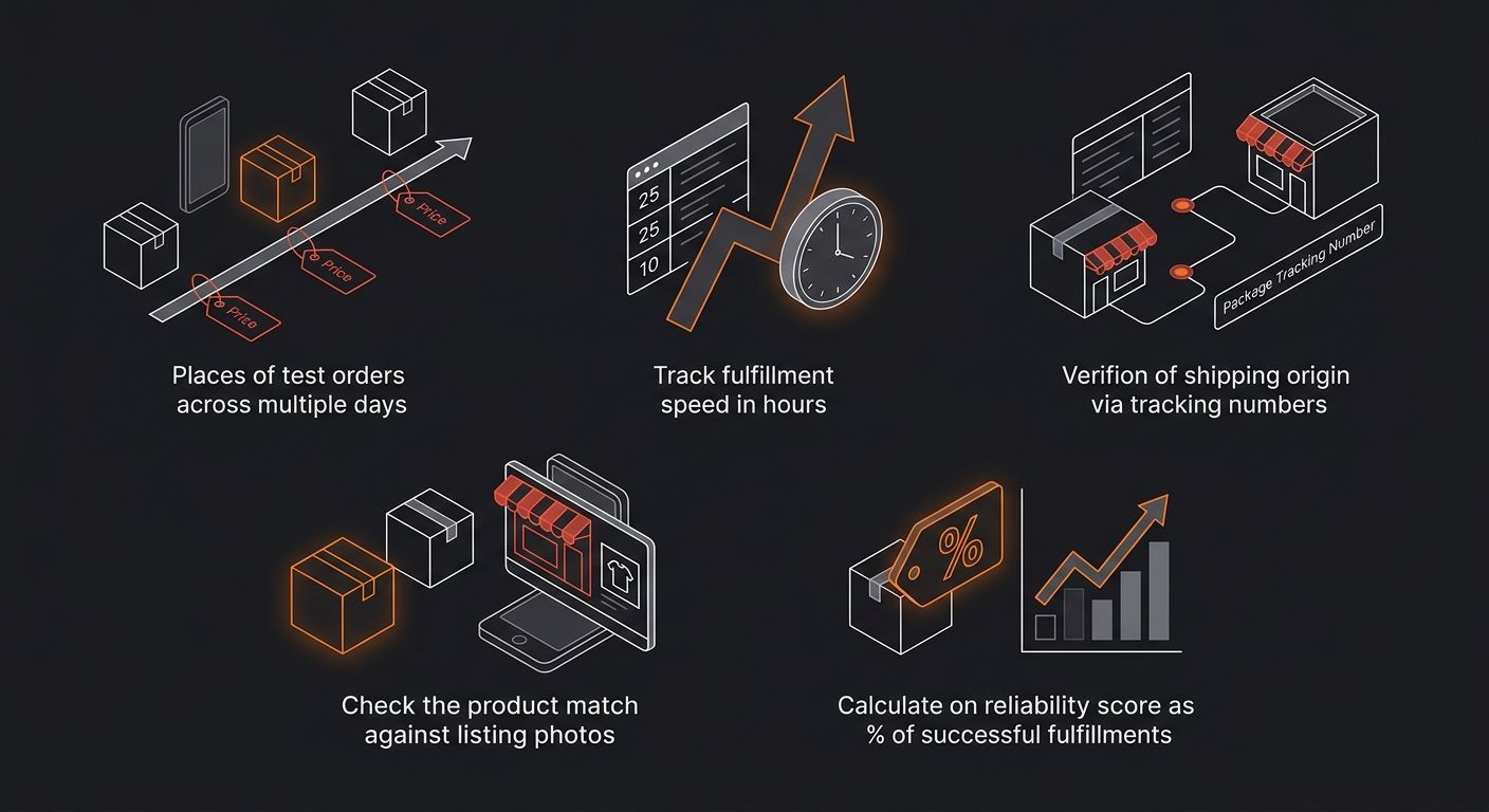 Infographic comparing a 5-step supplier stock verification process, showing test order placement across multiple days, tracking fulfillment speed in hours, verifying shipping origin via tracking numbe