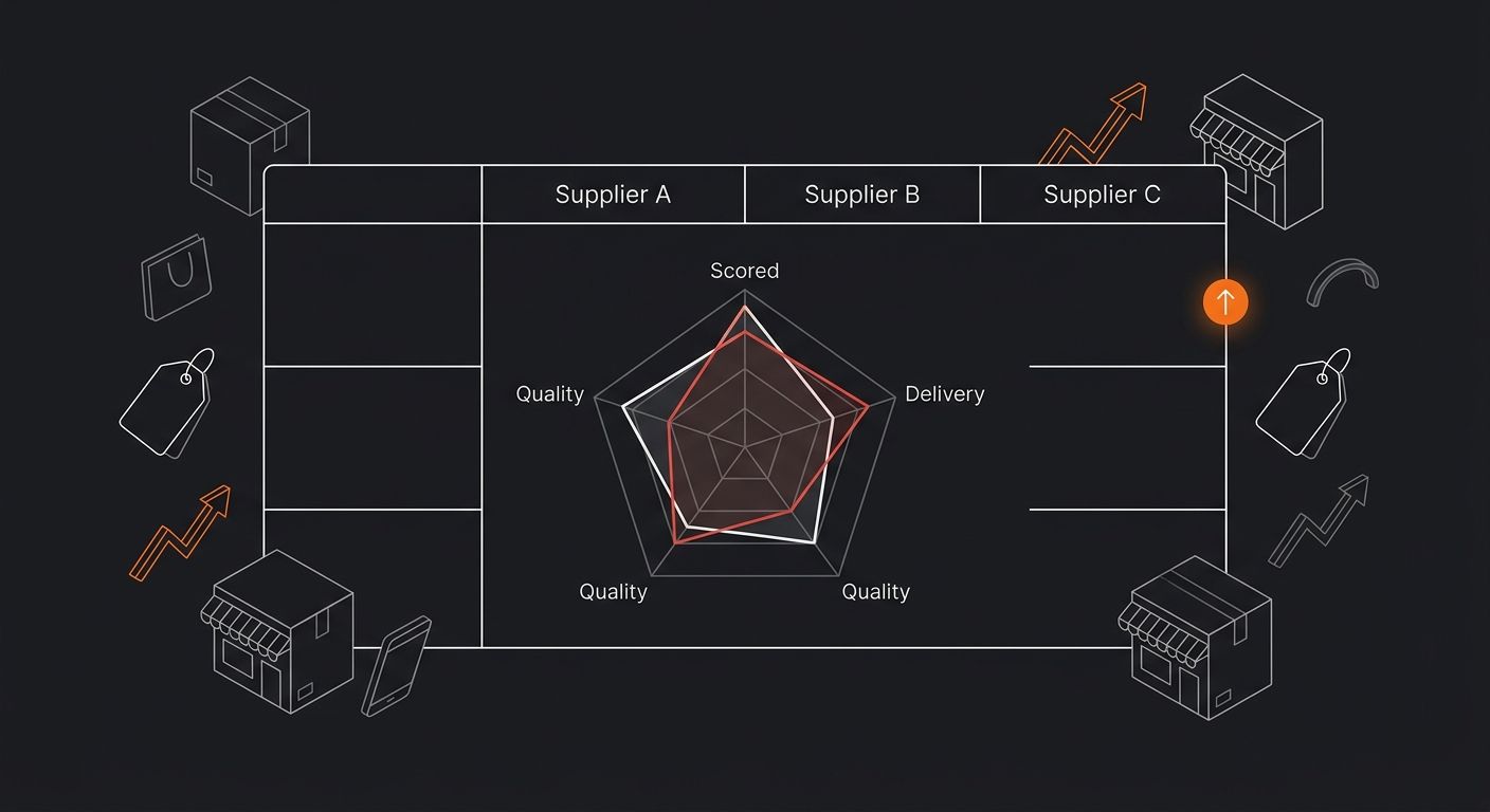 side-by-side comparison table of three suppliers showing radar/spider charts overlaid on each other, with five axes representing the five scored metrics, clearly showing Supplier B's delivery advantag