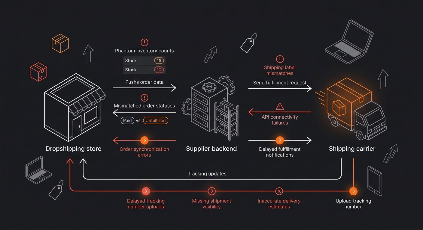 Diagram showing the data flow between a dropshipping store, supplier backend system, and shipping carrier—highlighting common failure points like delayed tracking uploads, phantom inventory counts, an