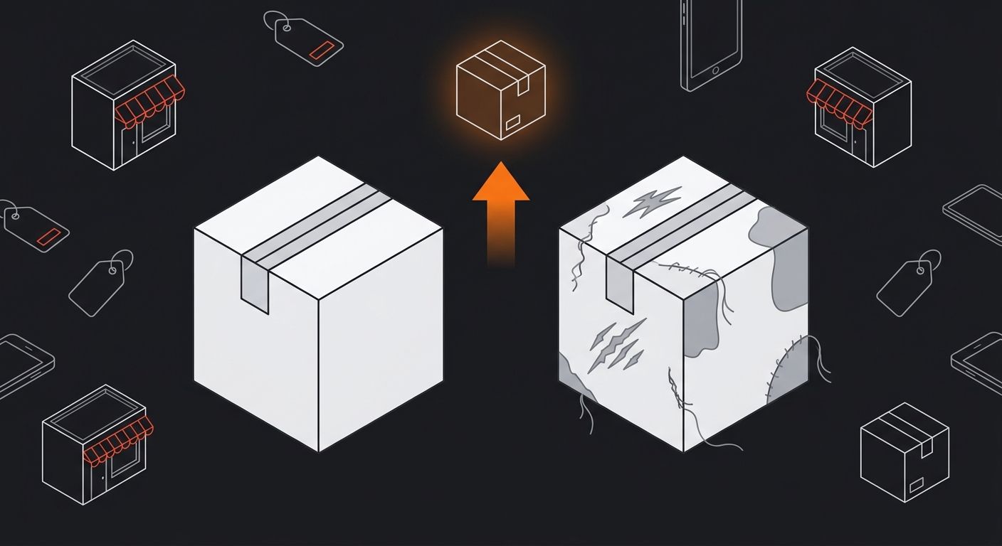 Close-up photograph of two identical products side by side—one with visible cosmetic defects like scratches, loose stitching, and color inconsistency, and one in perfect condition—illustrating quality