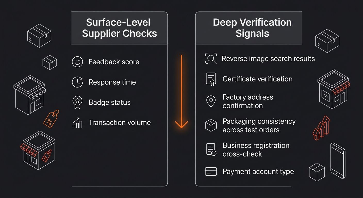 An infographic comparing two columns — "Surface-Level Supplier Checks" (feedback score, response time, badge status, transaction volume) versus "Deep Verification Signals" (reverse image search result