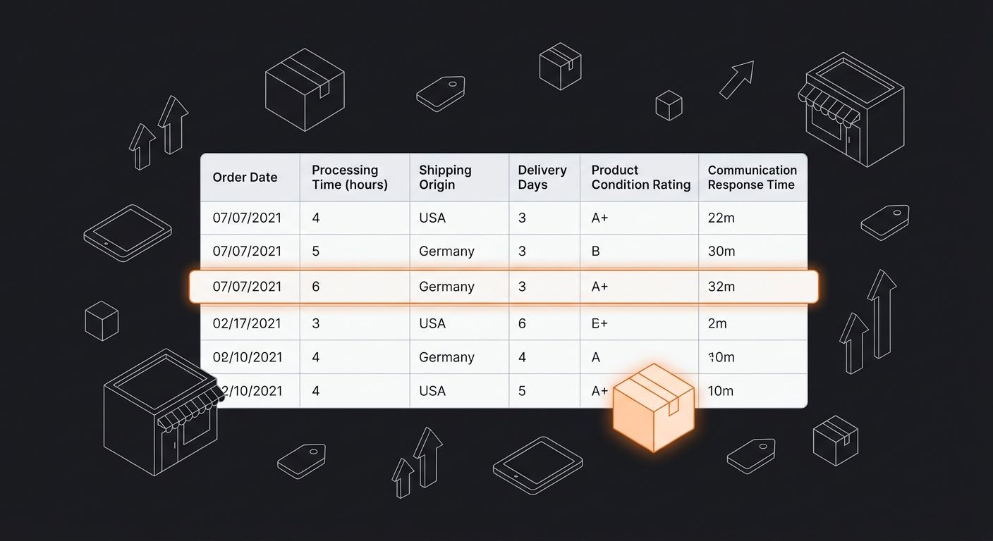 Screenshot-style mockup of a spreadsheet tracking supplier test order results across columns for order date, processing time in hours, shipping origin, delivery days, product condition rating, and com
