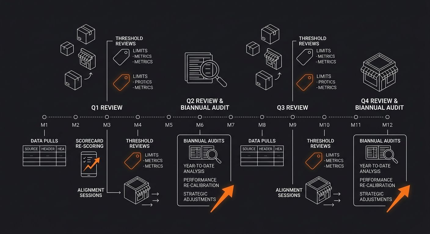 timeline diagram showing quarterly and biannual review milestones across a 12-month cycle, with key actions labeled at each checkpoint including data pulls, re-scoring, threshold reviews, and biannual