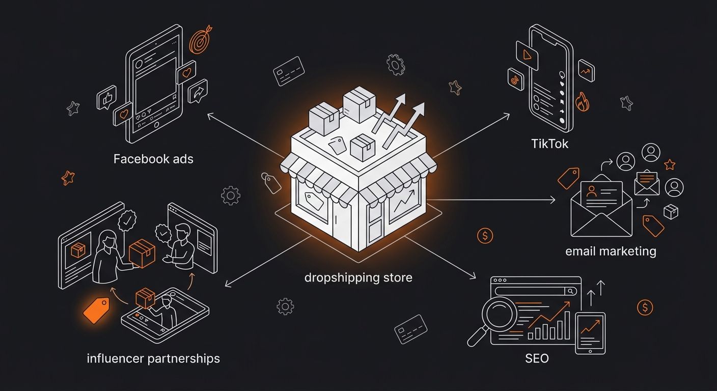 illustration of a dropshipping store at the center with multiple marketing channels radiating outward - Facebook ads, TikTok, email marketing, SEO, and influencer partnerships - showing diversified tr