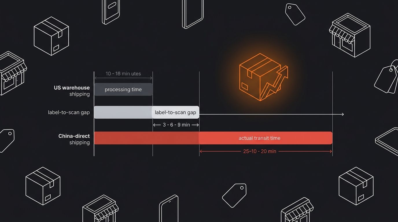 a horizontal timeline diagram showing three color-coded bars representing processing time, label-to-scan gap, and actual transit time, with benchmark ranges noted for US warehouse shipping versus Chin