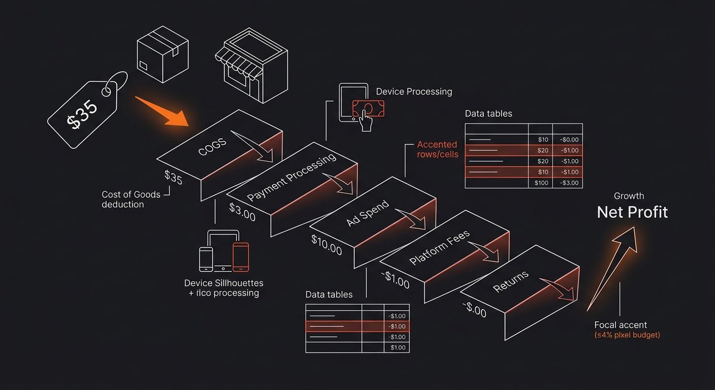 Diagram showing a $35 order flowing through layers of cost deductions — COGS, payment processing, ad spend, platform fees, returns — ending at the actual net profit amount, with each layer labeled wit