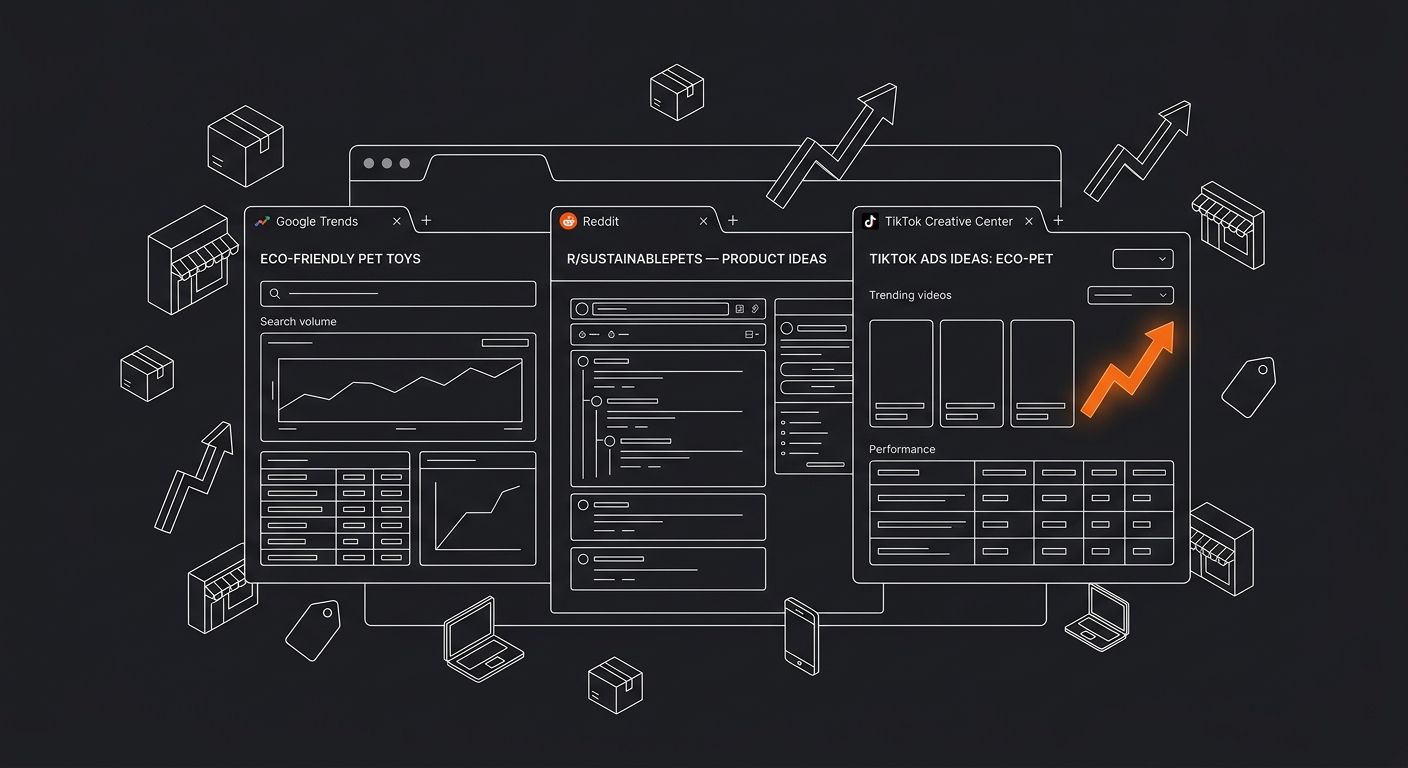 A dashboard mockup showing Google Trends, Reddit, and TikTok Creative Center open in browser tabs, representing a free research workflow for niche validation