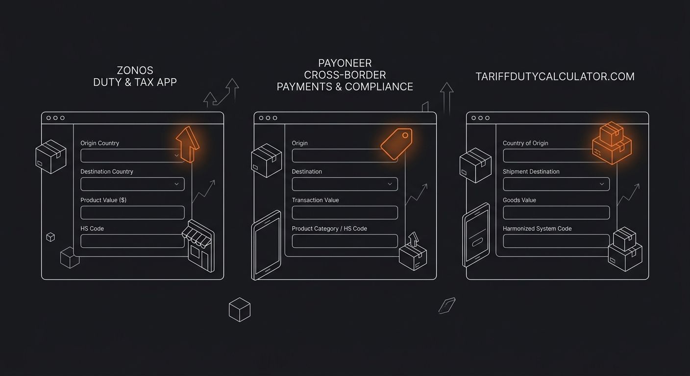 Side-by-side comparison screenshot mockup of Zonos, Payoneer, and TariffDutyCalculator interfaces showing input fields for origin country, destination, product value, and HS code