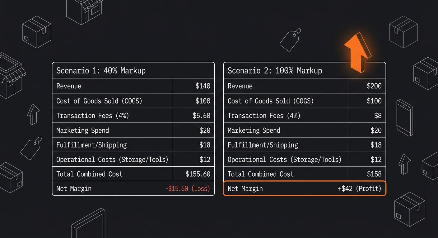 Screenshot-style mockup of a simple profit calculator spreadsheet showing two scenarios side by side — one with 40% markup losing money after all costs, and one with 100% markup showing positive net m