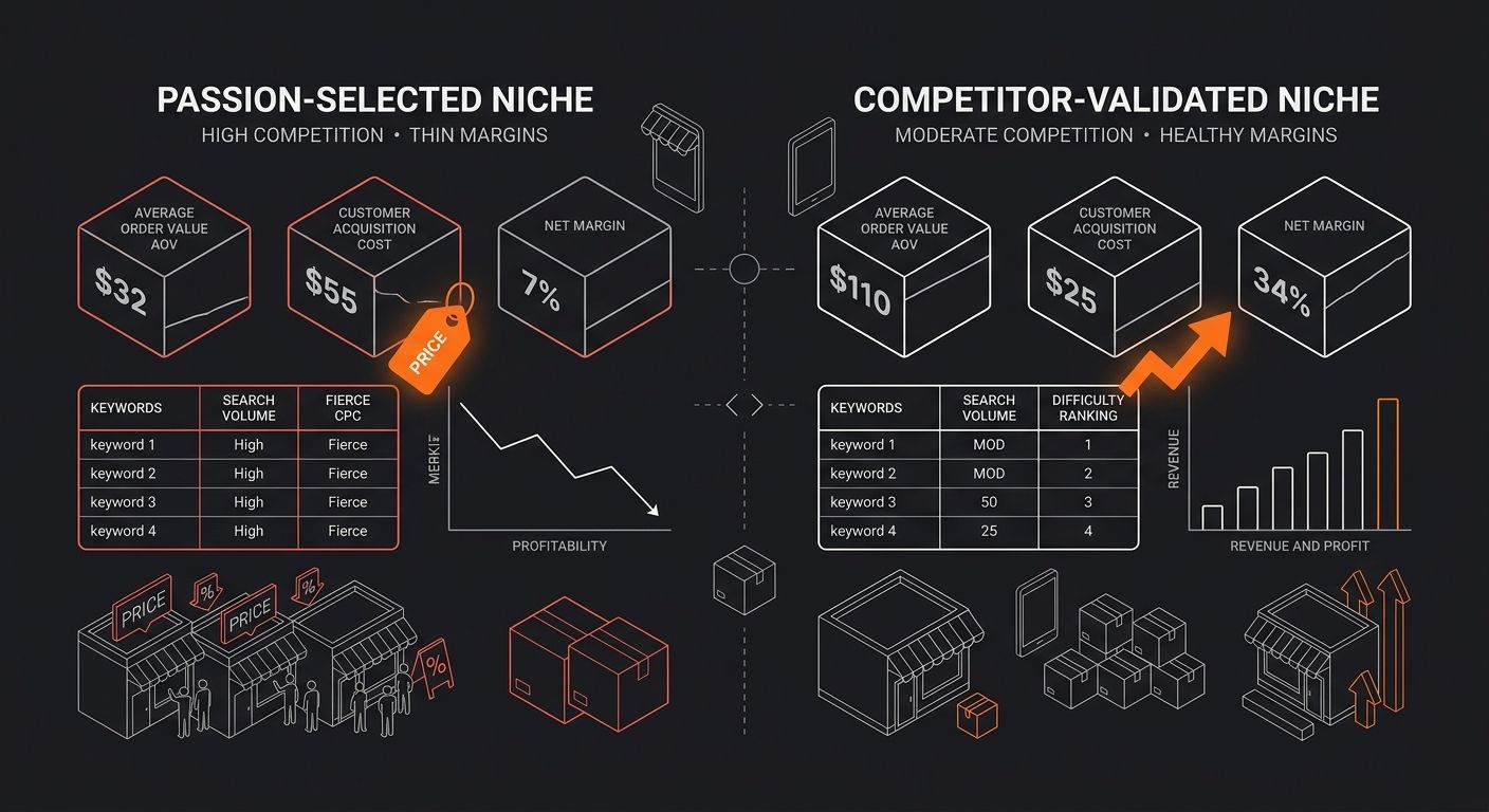 A side-by-side comparison dashboard showing a passion-selected niche with high competition metrics and thin margins versus a competitor-validated niche with moderate competition and healthy margins, d