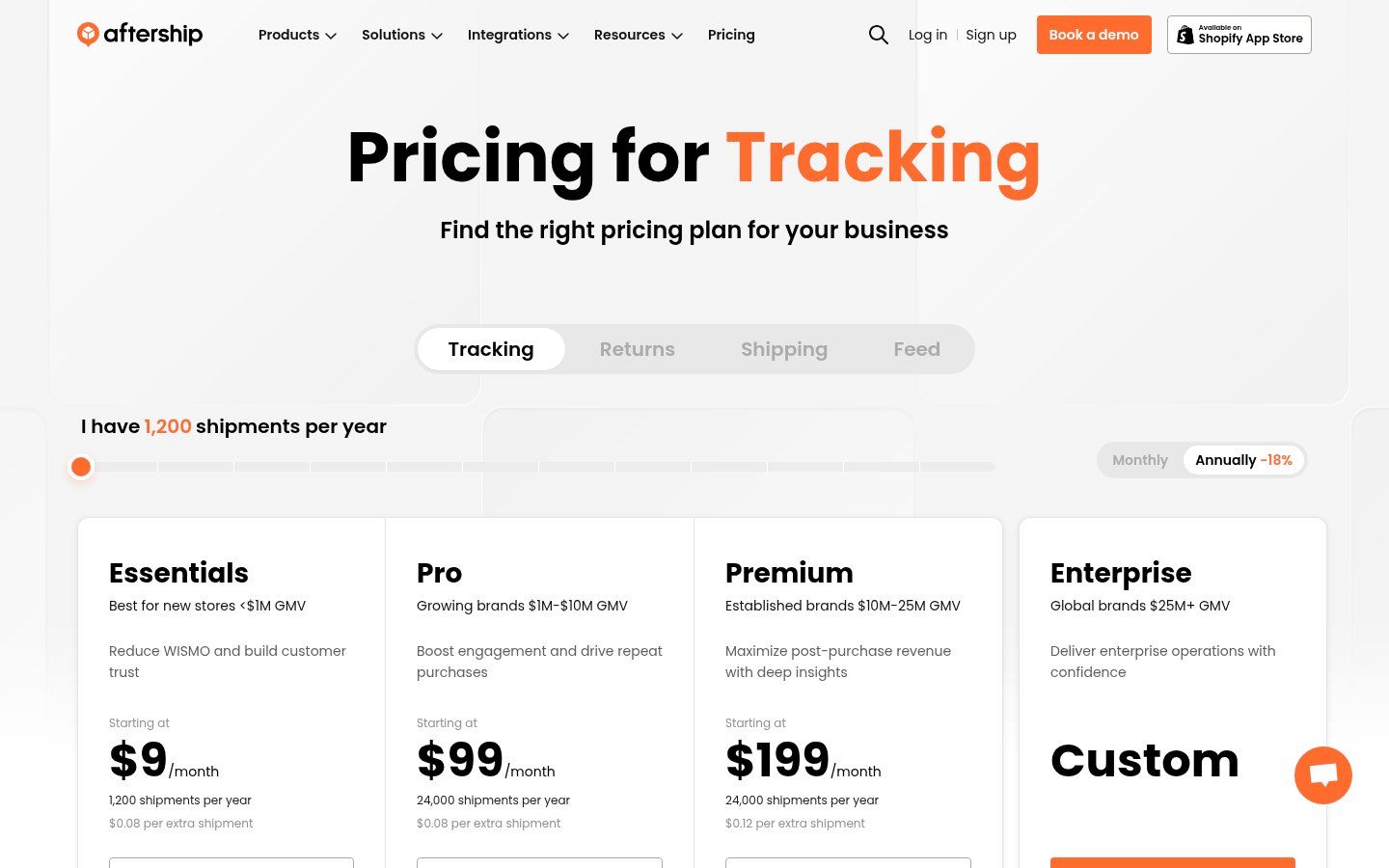 AfterShip Order Tracking pricing page