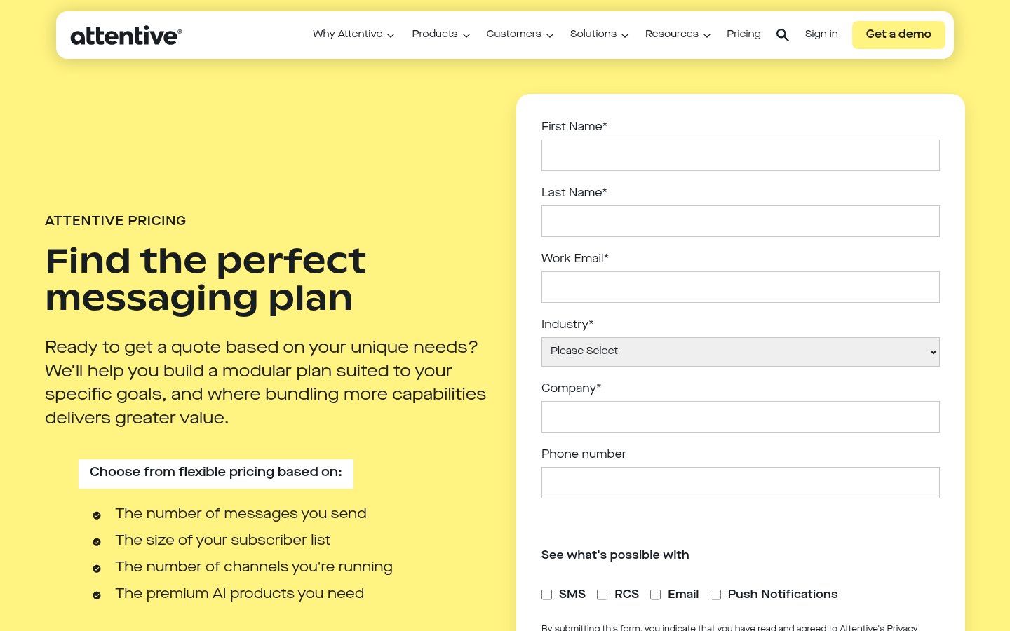 Attentive pricing page