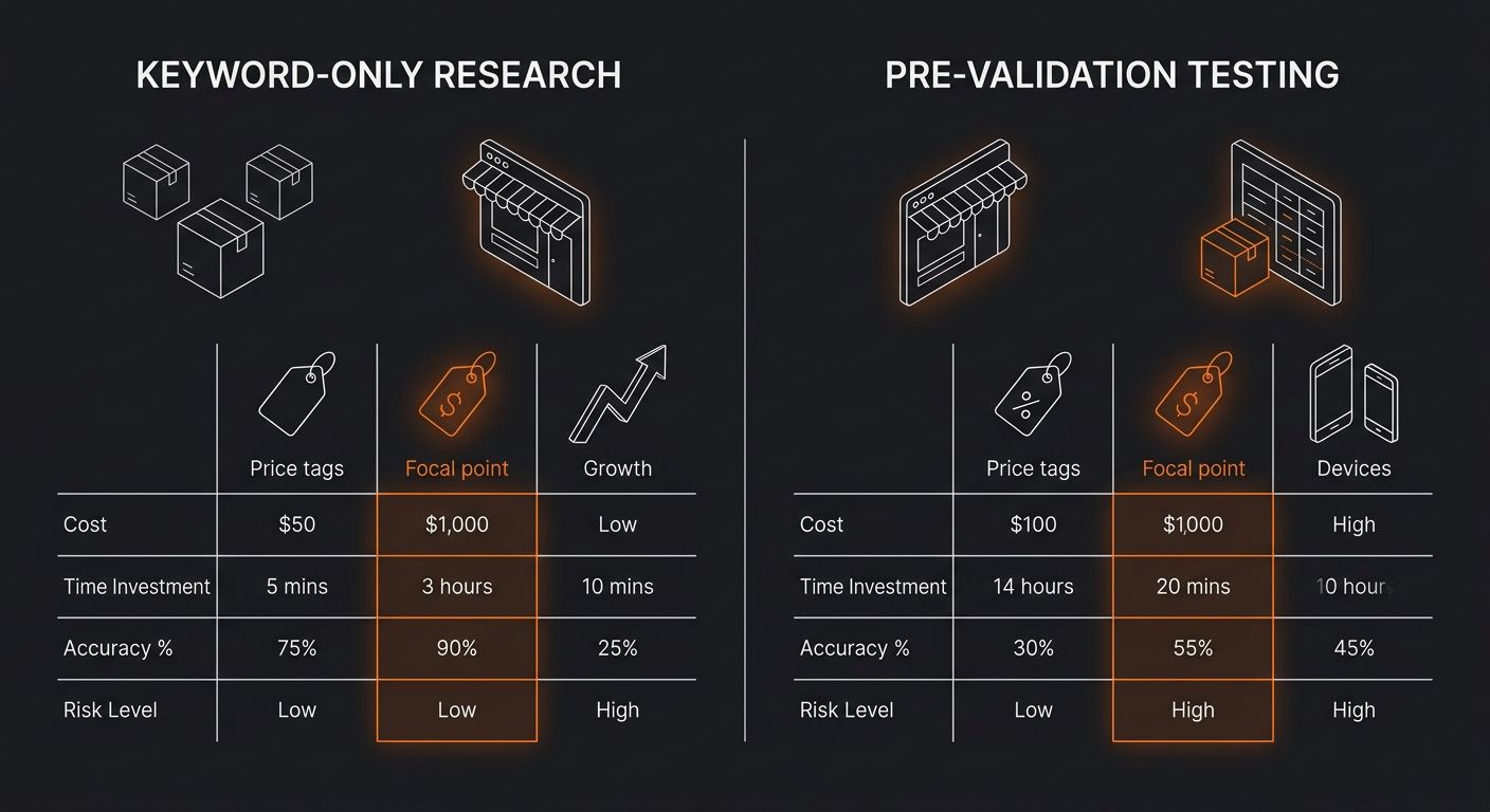 A side-by-side comparison chart showing two niche selection paths—keyword-only research versus pre-validation testing—with cost, time investment, accuracy percentage, and risk level metrics for each a