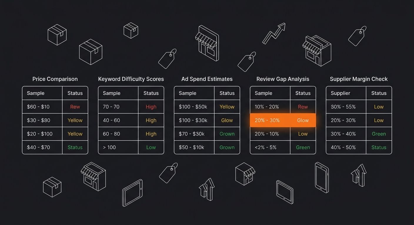 Infographic showing a competitor analysis framework with five columns - Price Comparison, Keyword Difficulty Scores, Ad Spend Estimates, Review Gap Analysis, and Supplier Margin Check - each with samp