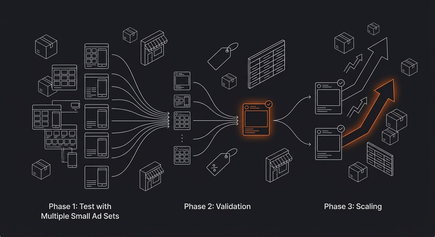 diagram showing three phases of Facebook ad scaling for dropshipping - testing phase with multiple small ad sets, validation phase filtering down to winners, and scaling phase with increasing budget a