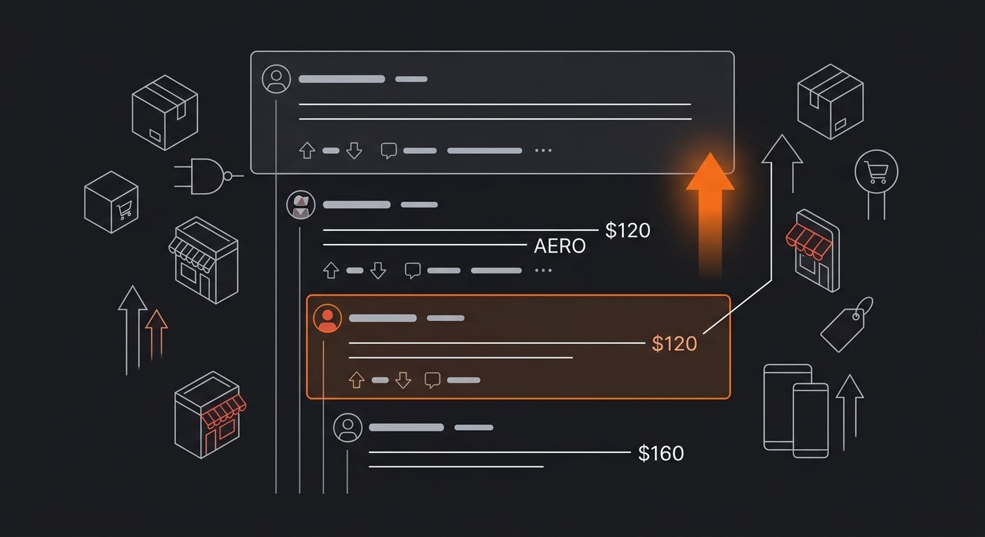A screenshot-style illustration showing a Reddit thread with user comments highlighting purchase behavior—users mentioning specific products they bought with prices, with visual callouts pointing to s