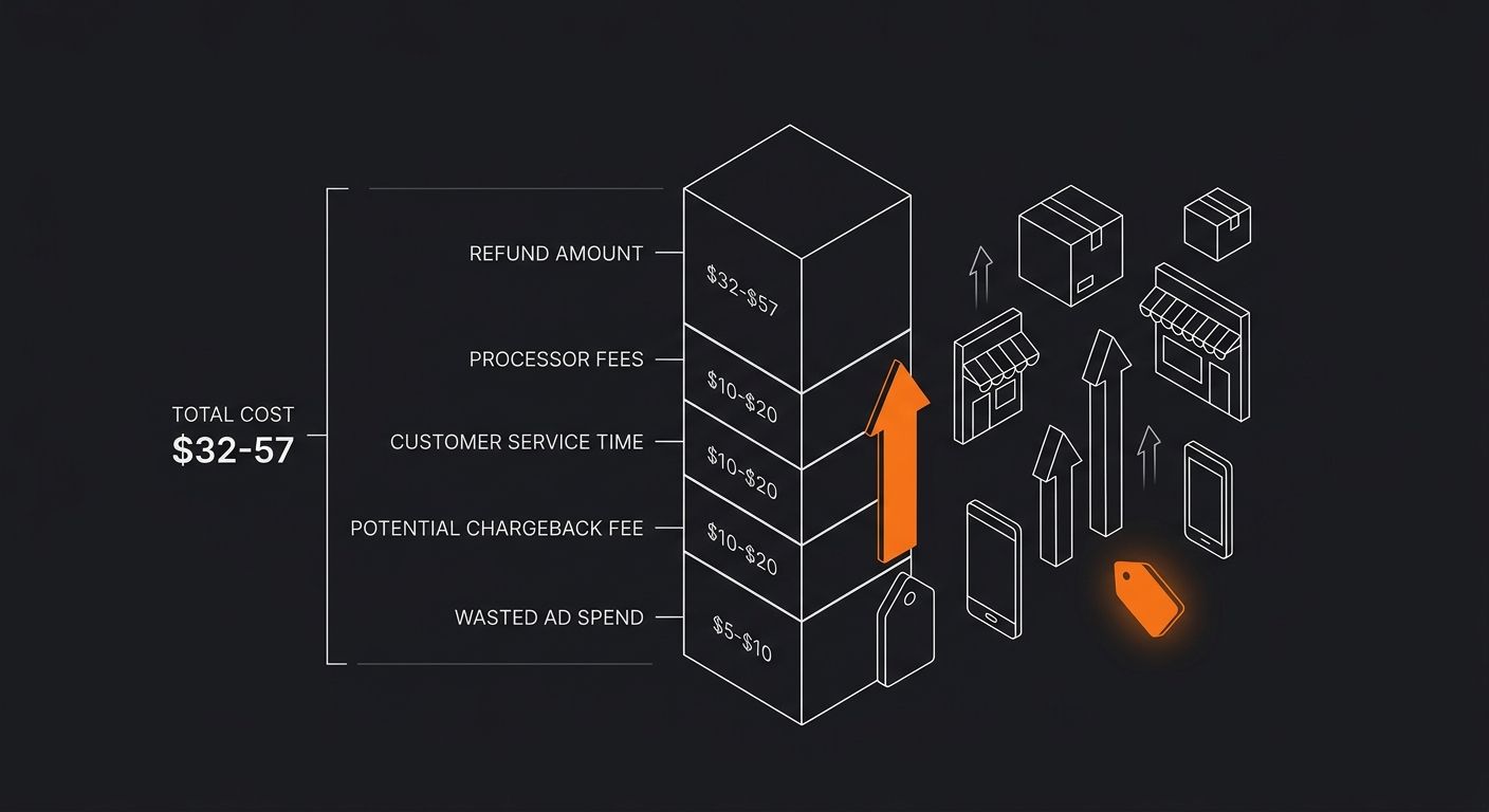 Breakdown diagram showing the true cost of a single oversold order, with stacked cost bars for refund amount, processor fees, customer service time, potential chargeback fee, and wasted ad spend, tota