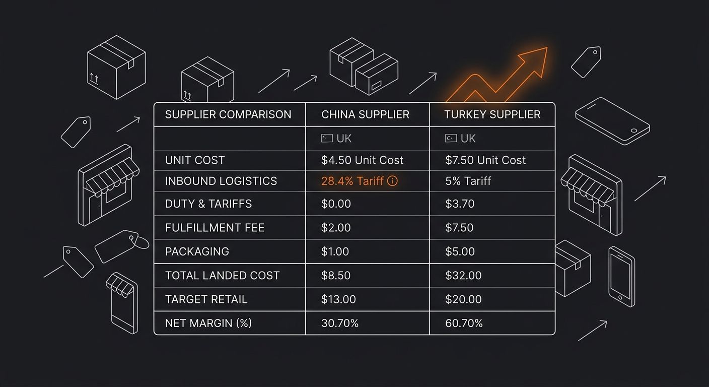 Spreadsheet-style table showing two supplier comparisons side by side — China supplier at $4.50 unit cost with 28.4% combined tariff vs. Turkey supplier at $7.50 with 5% tariff, showing all seven cost