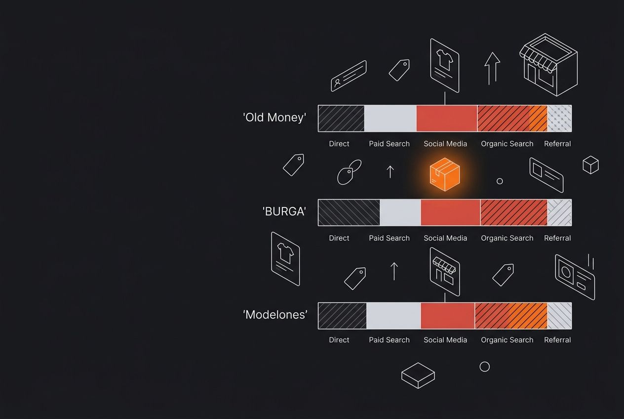 A horizontal bar chart comparing traffic source percentages for three dropshipping stores—Old Money (fashion), BURGA (phone cases), and Modelones (nail polish)—with each bar segmented into direct, pai