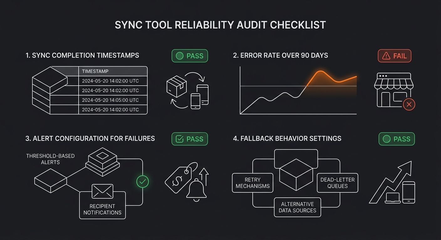 Dashboard mockup showing a sync tool reliability audit checklist with four key metrics: sync completion timestamps, error rate over 90 days, alert configuration for failures, and fallback behavior set