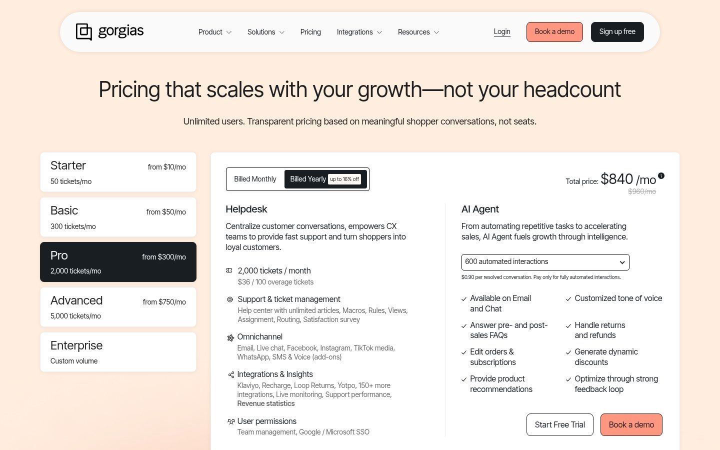 Gorgias pricing page