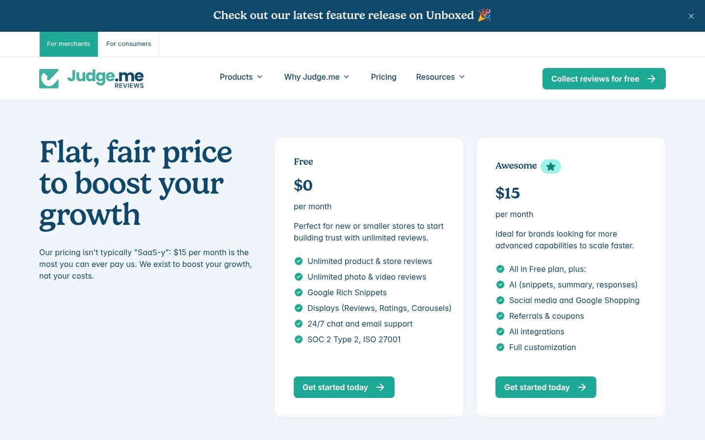 Judge.me pricing page