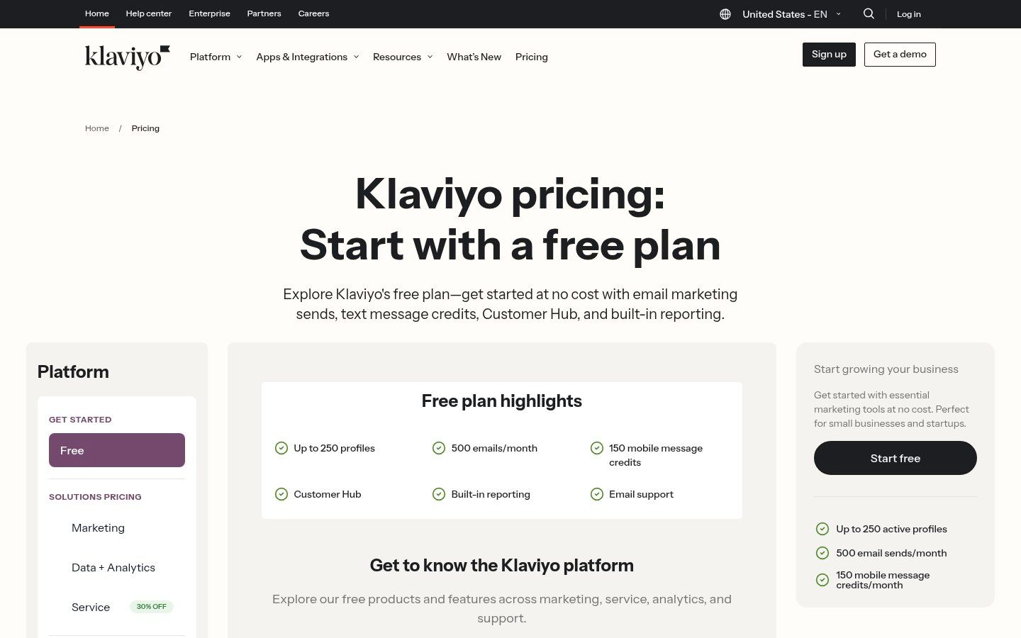 Klaviyo pricing page