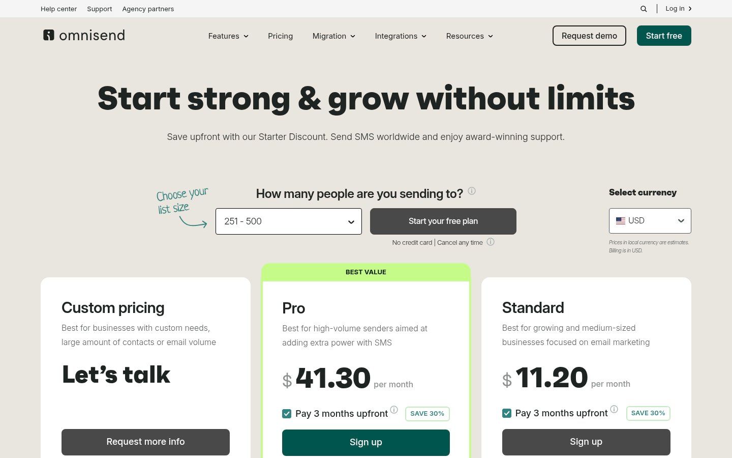 Omnisend pricing page