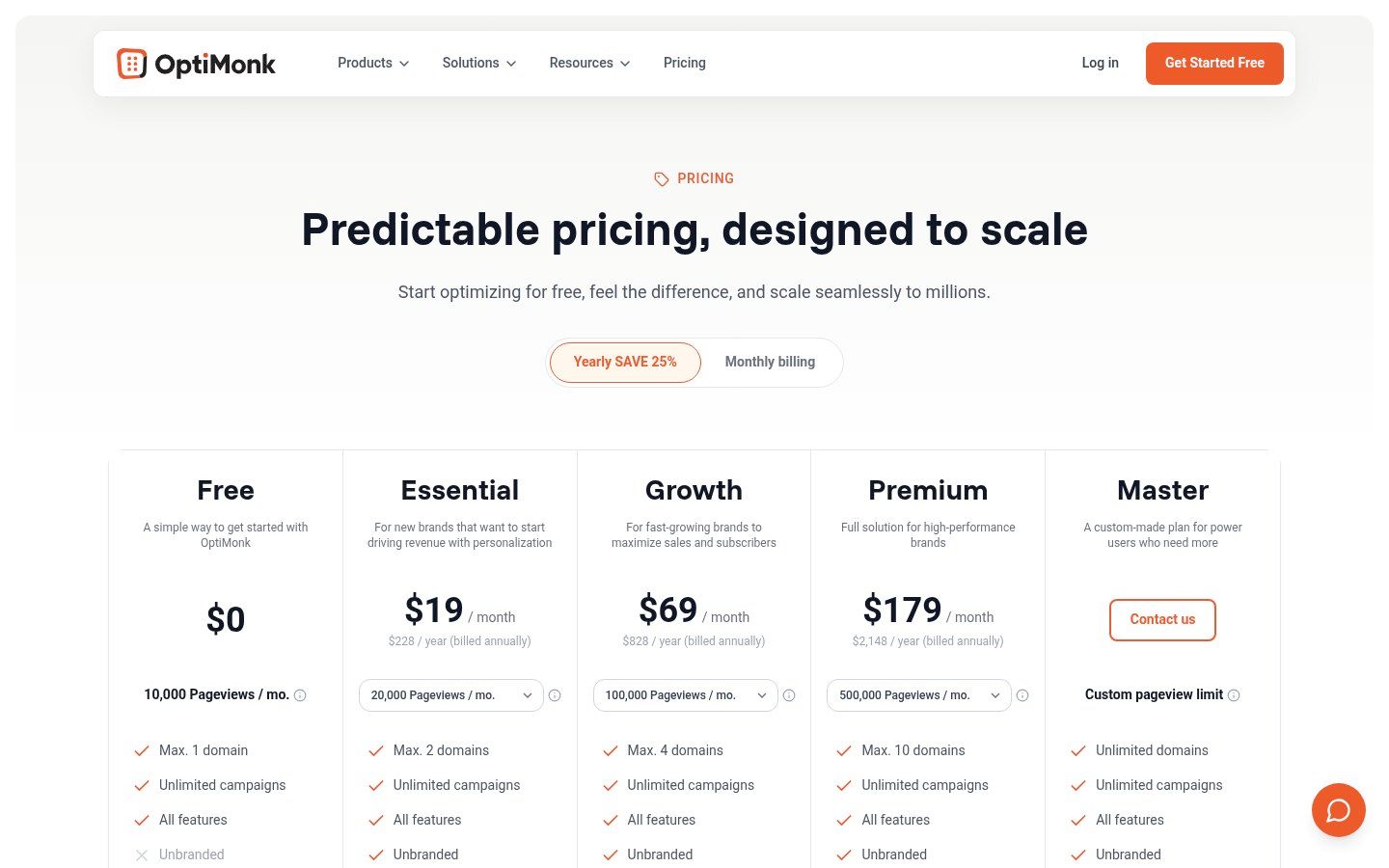 OptiMonk pricing page