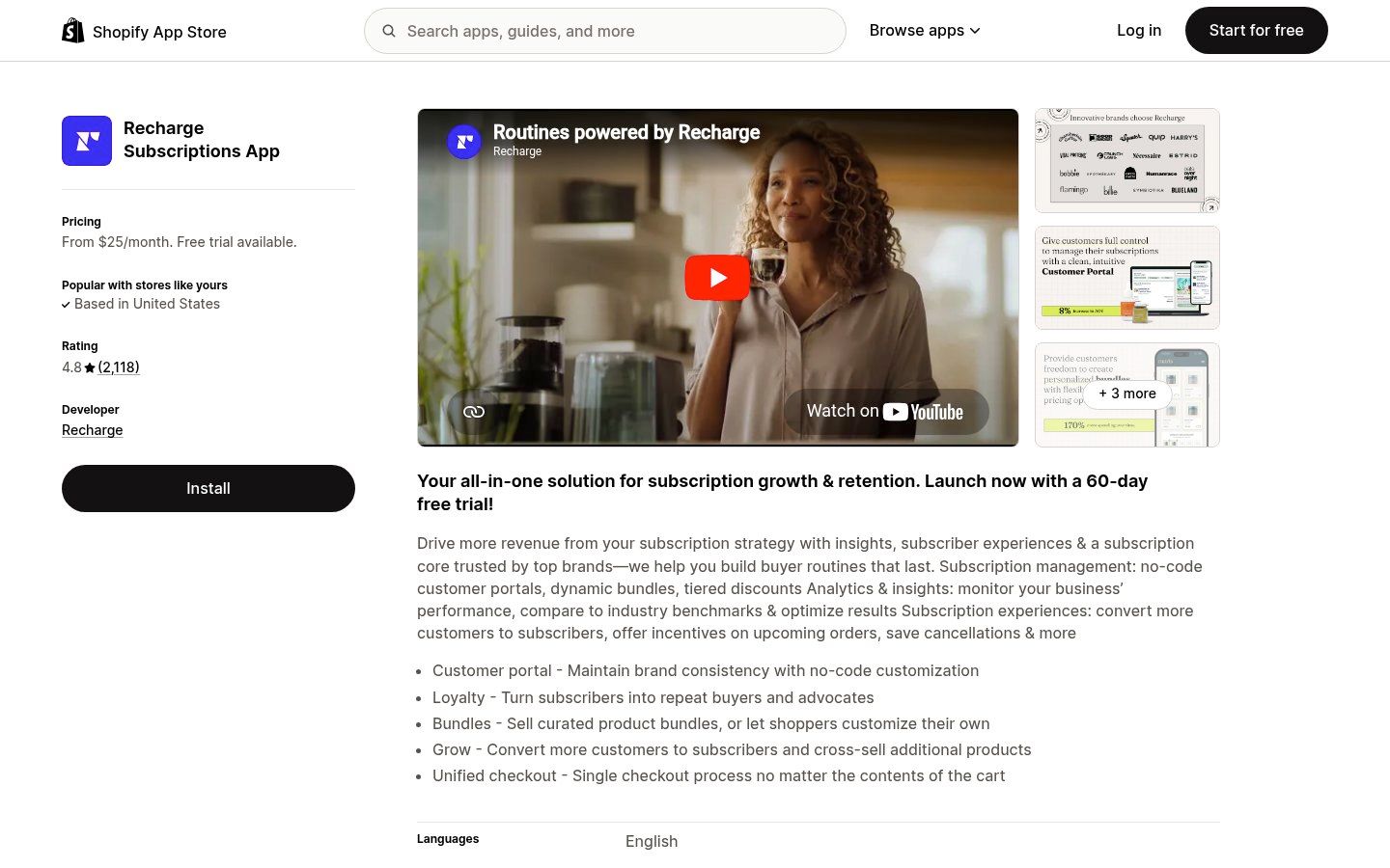 Recharge Subscriptions on the Shopify App Store