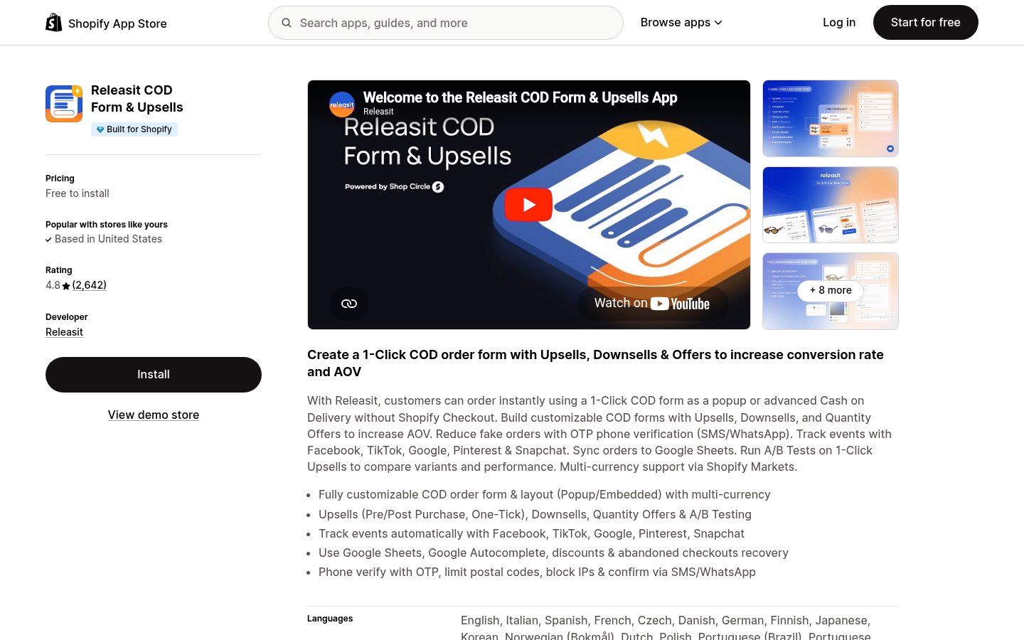 Releasit COD Form & Upsells on the Shopify App Store