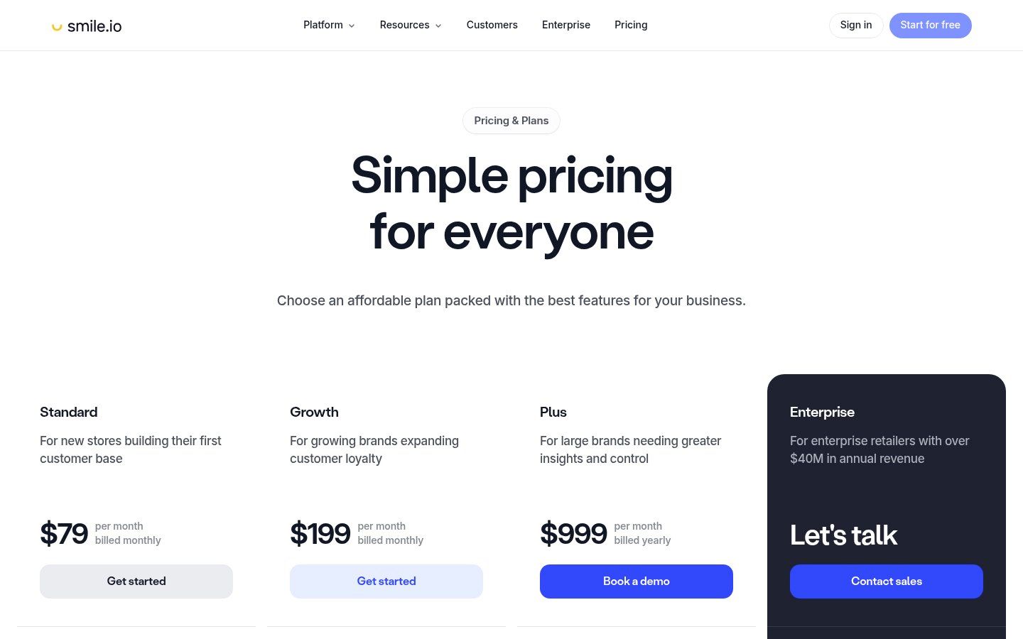 Smile.io pricing page
