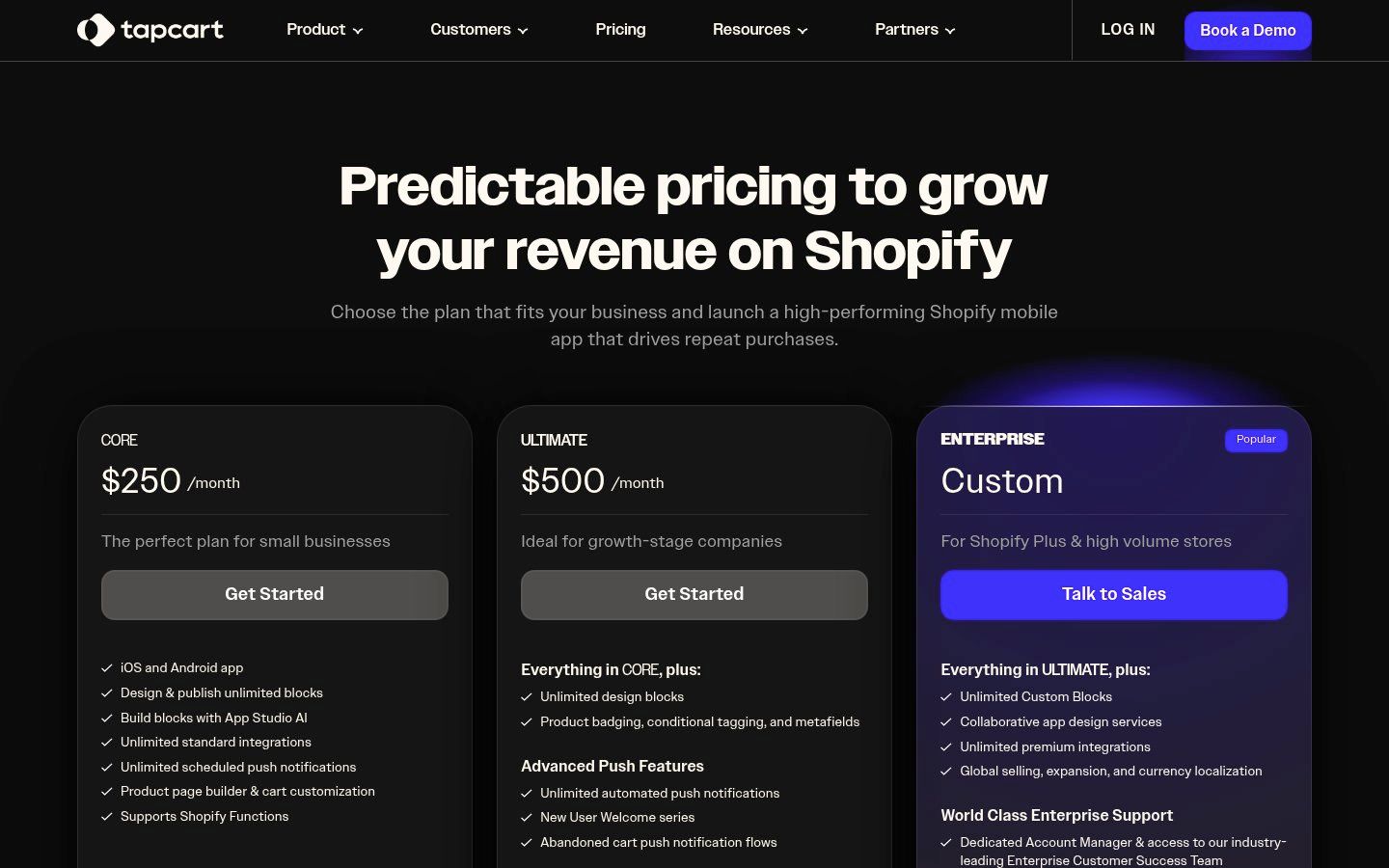 Tapcart pricing page