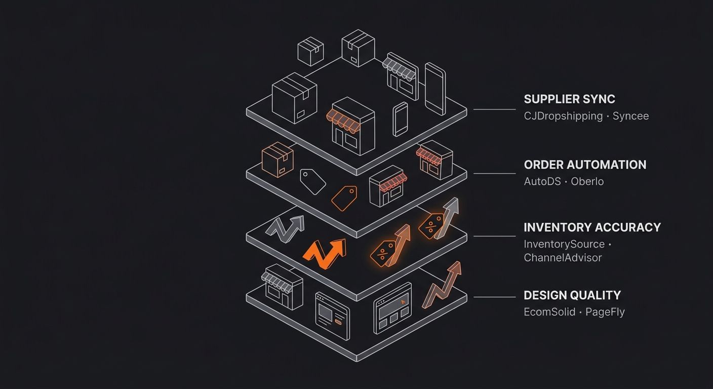 diagram showing the Integration Priority Stack for evaluating AI store builders, with supplier sync at the top, followed by order automation, inventory accuracy, and design quality at the bottom, each