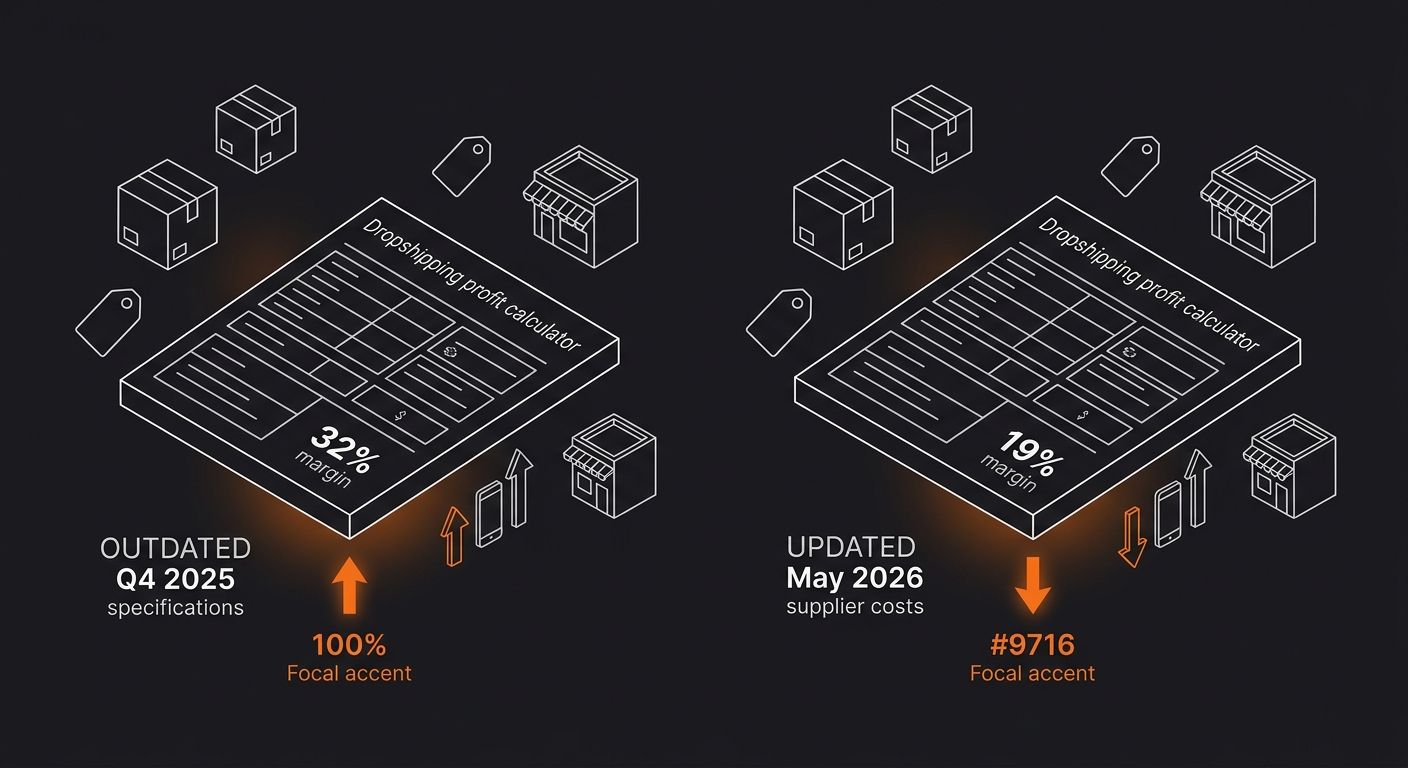 side-by-side comparison showing a dropshipping profit calculator with outdated Q4 2025 inputs showing 32% margin versus the same calculator updated with May 2026 supplier costs showing 19% margin, hig