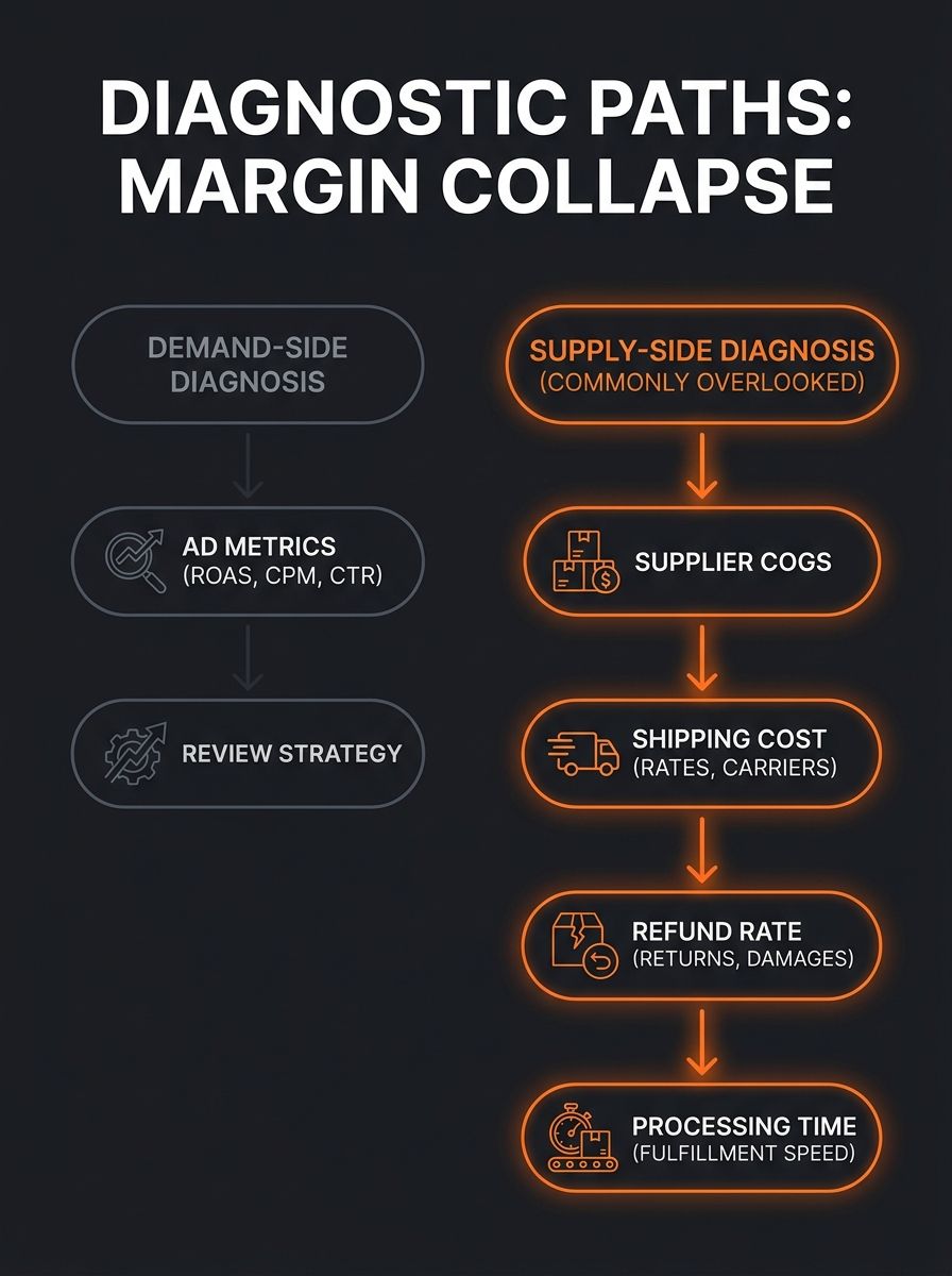 flowchart diagram showing two diagnostic paths for margin collapse — one labeled "demand-side diagnosis" showing ad metrics like ROAS, CPM, CTR, and another labeled "supply-side diagnosis" showing sup