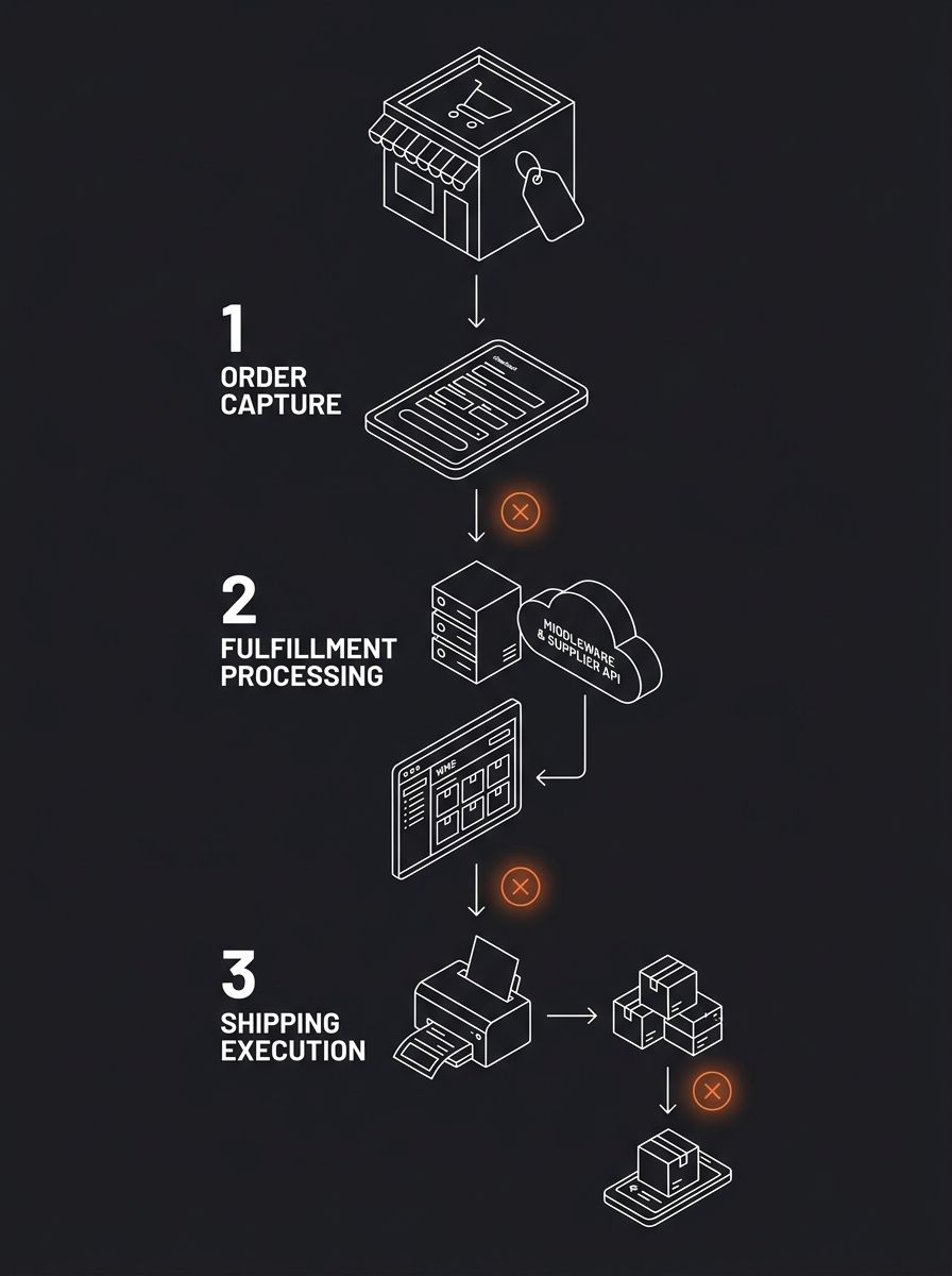 Infographic showing the step-by-step data flow from customer checkout through middleware, supplier API, warehouse management system, carrier label generation, and tracking number return, with failure