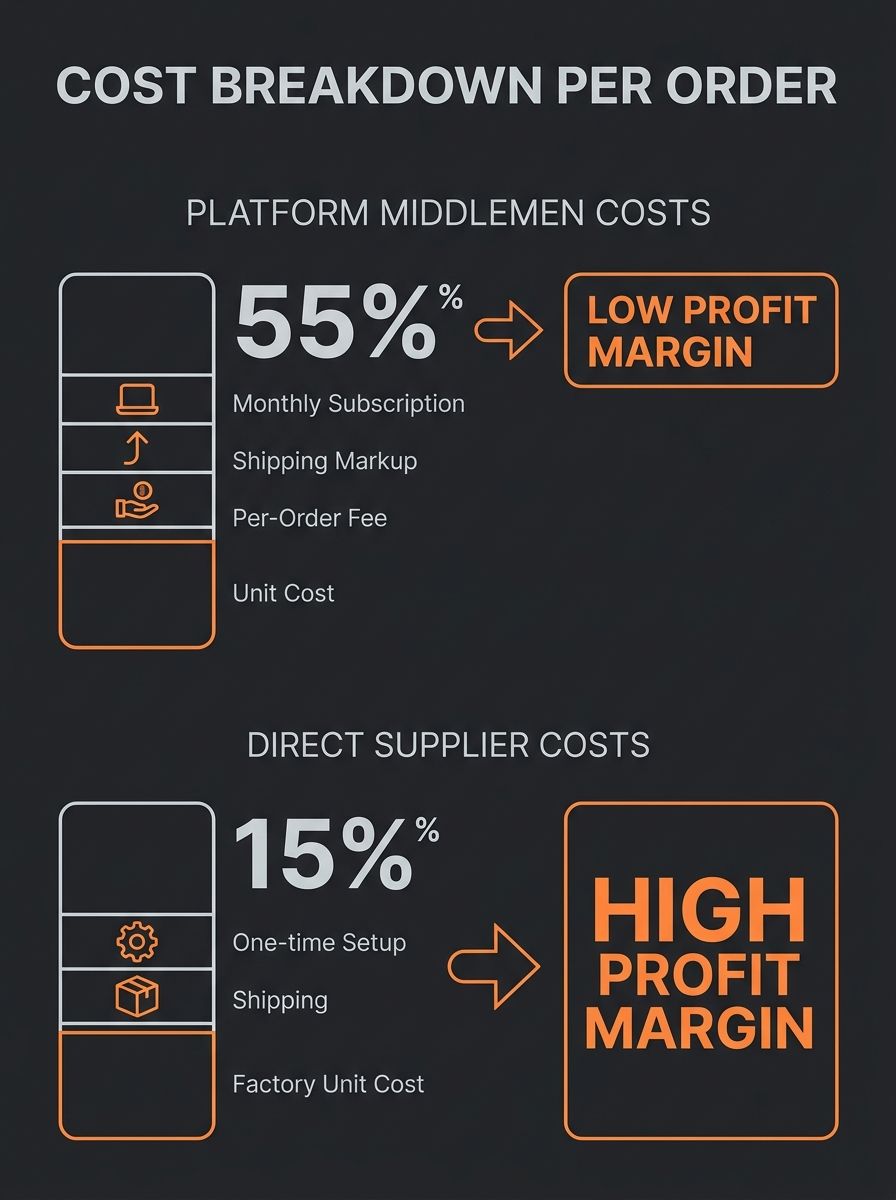 infographic comparing cost breakdown per order between platform middlemen (showing unit cost, per-order fee, shipping markup, monthly subscription) versus direct supplier (showing factory unit cost, s