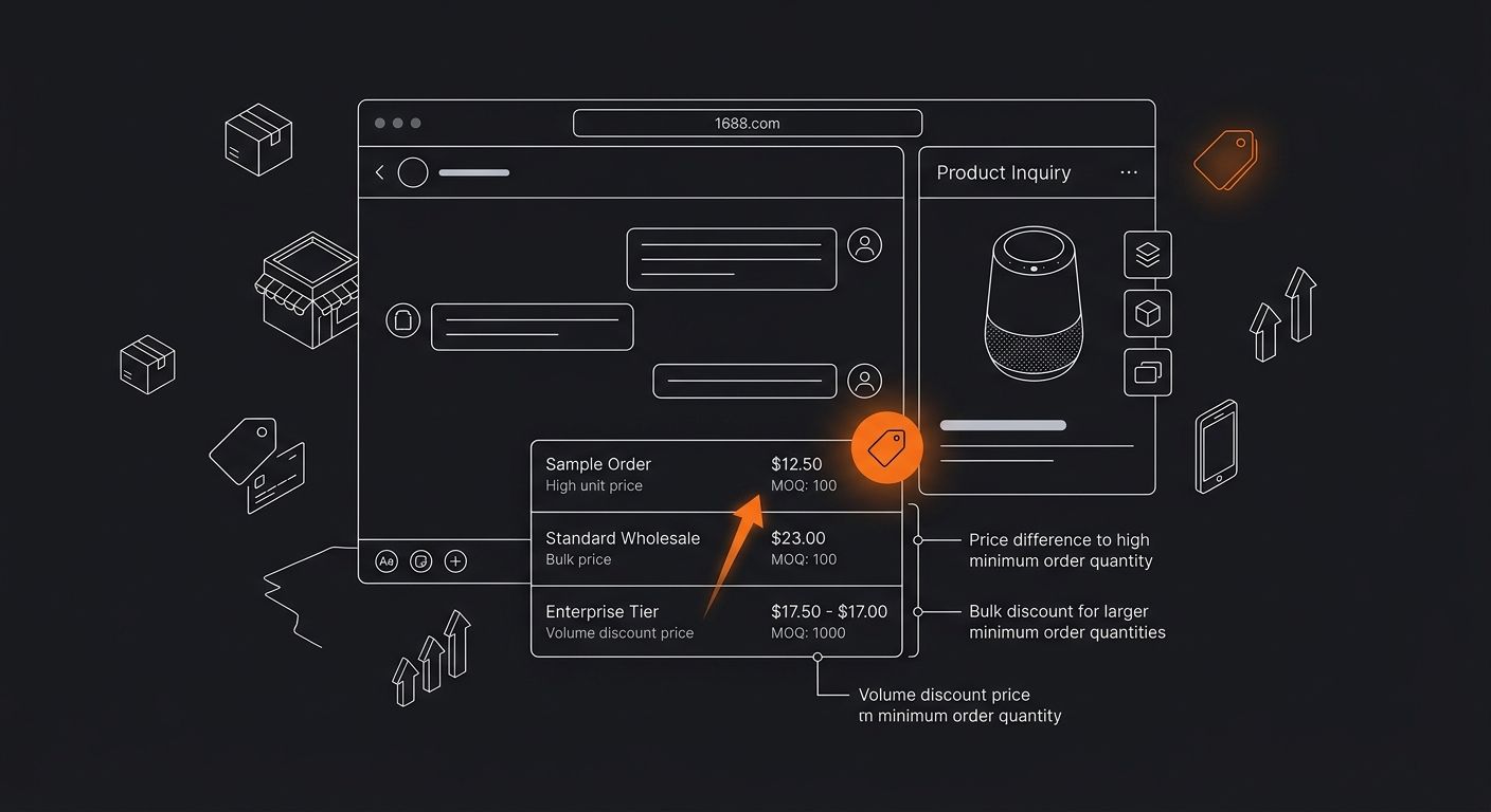screenshot-style illustration of a supplier conversation on 1688.com showing MOQ tiers and pricing brackets for a consumer product, with annotations pointing out the price differences at each tier