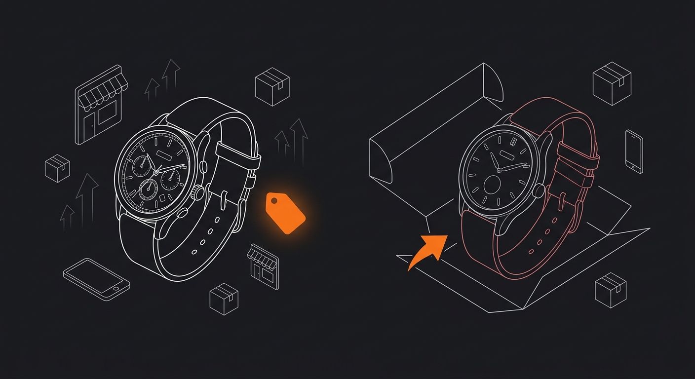 a comparison layout showing a product listing photo of a sleek watch on the left, and a customer-received photo of the same watch with visible quality differences like color mismatch and cheaper packa