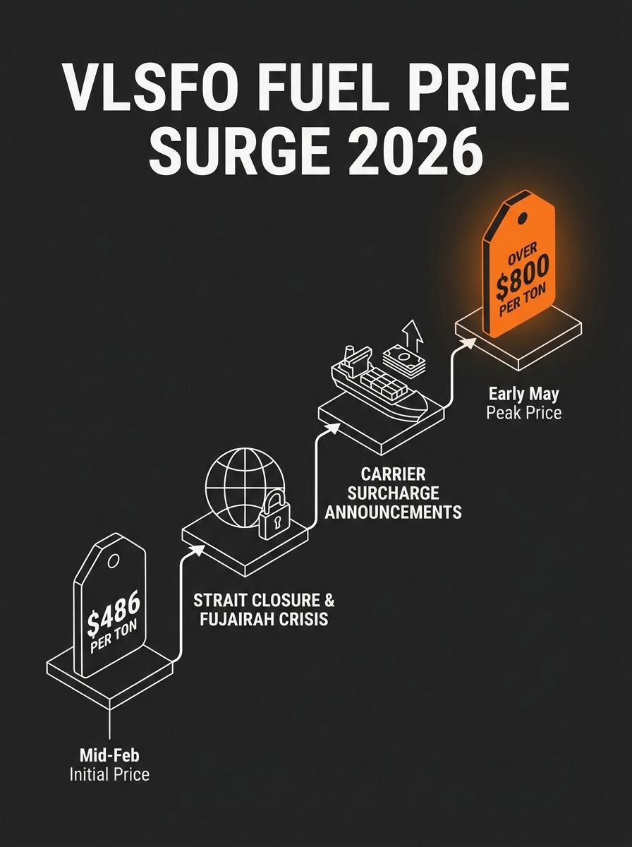 infographic showing bunker fuel VLSFO price progression from $486 per metric ton in mid-February 2026 to over $800 per metric ton in early May 2026, with key events annotated along the timeline includ