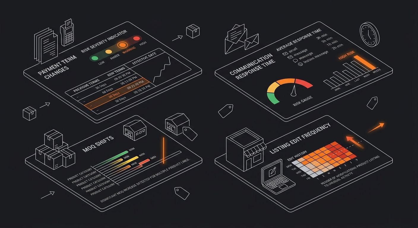 a warning dashboard mockup showing four risk indicators for a supplier, including payment term changes, communication response time, MOQ shifts, and listing edit frequency, with color-coded severity l