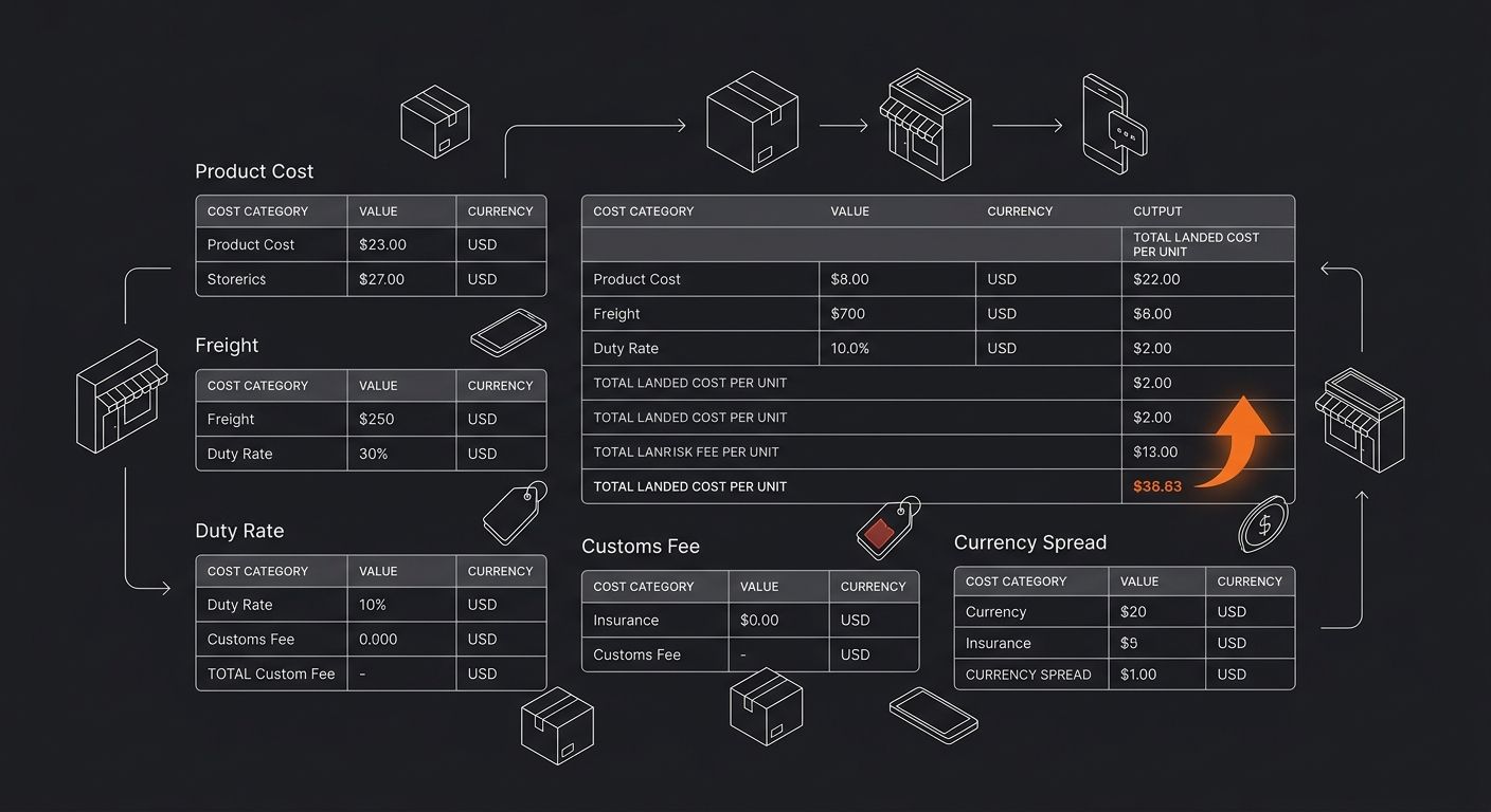 Screenshot-style illustration of a landed cost platform dashboard showing product cost, freight, duty rate, customs fee, insurance, and currency spread fields with calculated total landed cost per uni