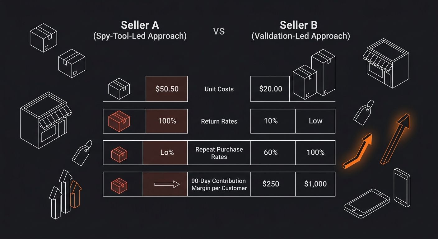 Side-by-side comparison diagram of Seller A (spy-tool-led approach) versus Seller B (validation-led approach), showing unit costs, return rates, repeat purchase rates, and 90-day contribution margin p