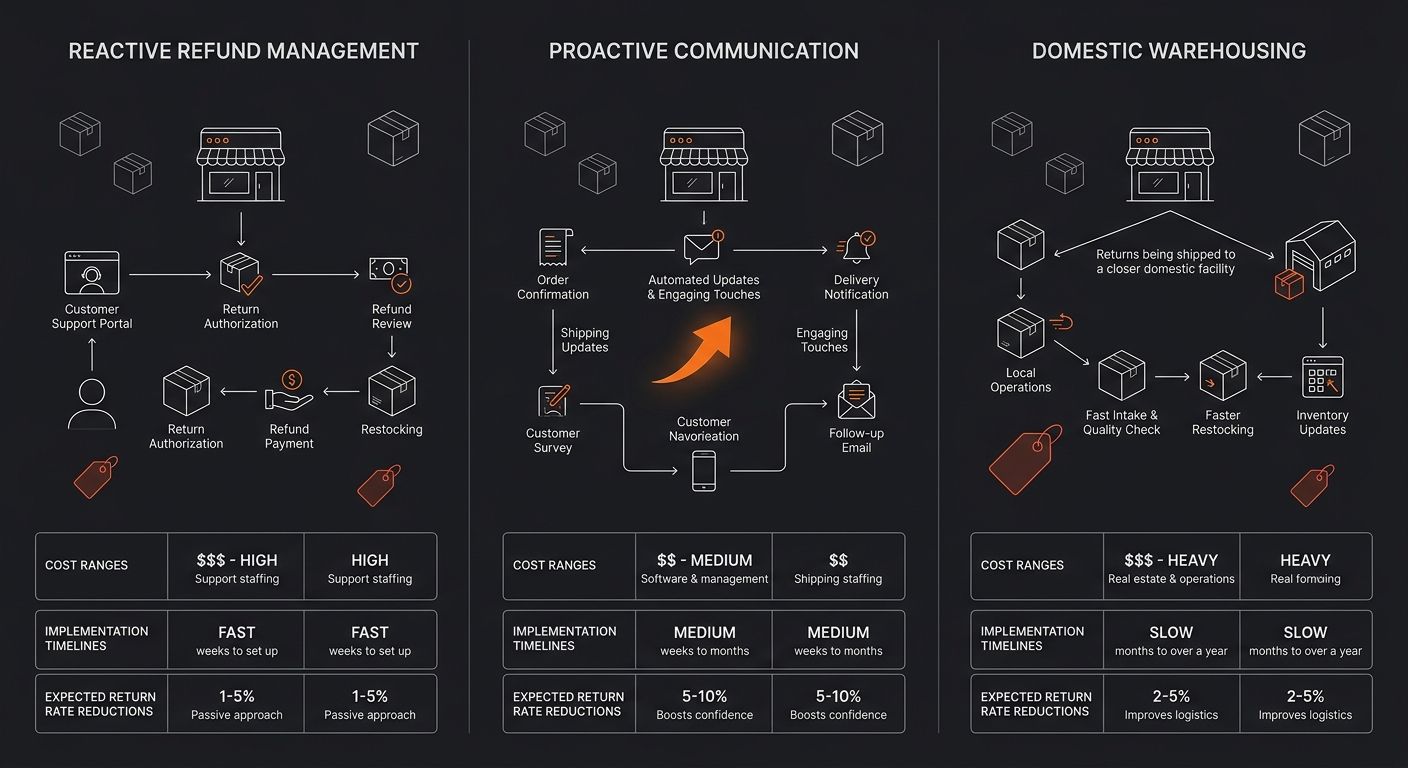 flowchart comparing three post-order strategies side by side showing reactive refund management, proactive communication, and domestic warehousing, with cost ranges, implementation timelines, and expe