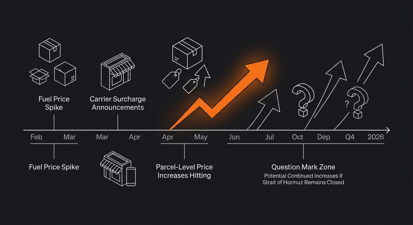 timeline diagram showing the lag effect of fuel price shocks from February through projected Q4 2026, with fuel spike in February-March, carrier surcharge announcements in March-April, parcel-level pr