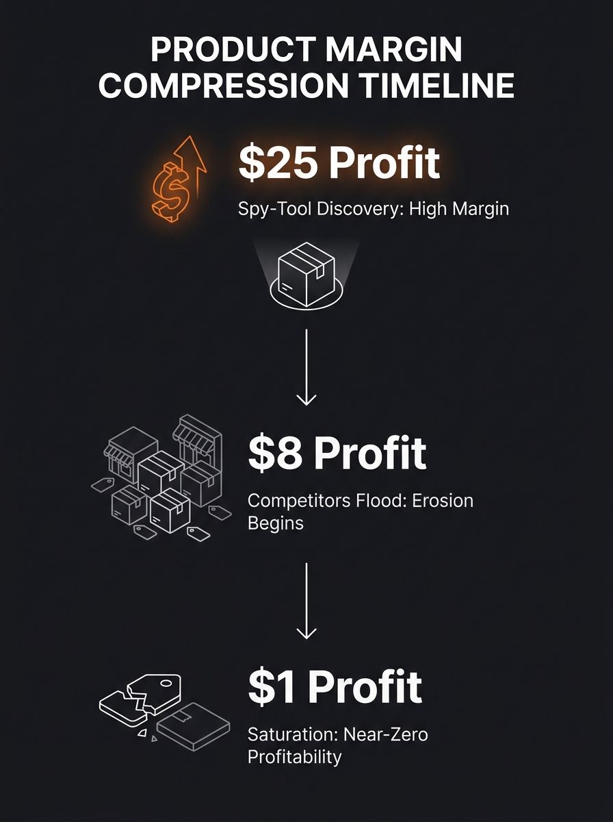 Infographic showing the timeline of a spy-tool-discovered product's margin compression, from initial discovery at high margins through competitor flooding to near-zero profitability over 6-8 weeks, wi